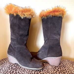 Maxine of Canada Brown Suede Faux Fur Wedge Heel Boho Boots 8.5